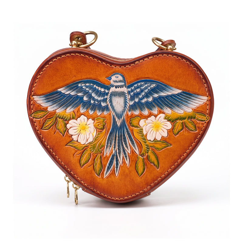Heart Shaped Crossbody Bag Hand-Tooled Bluebird Floral Top-Handle Purse
