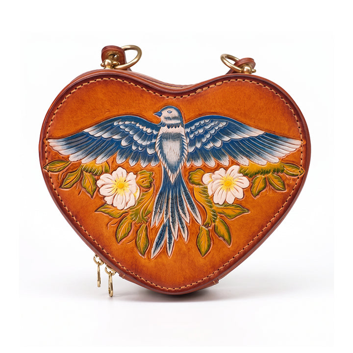 Heart Shaped Crossbody Bag Hand-Tooled Bluebird Floral Top-Handle Purse