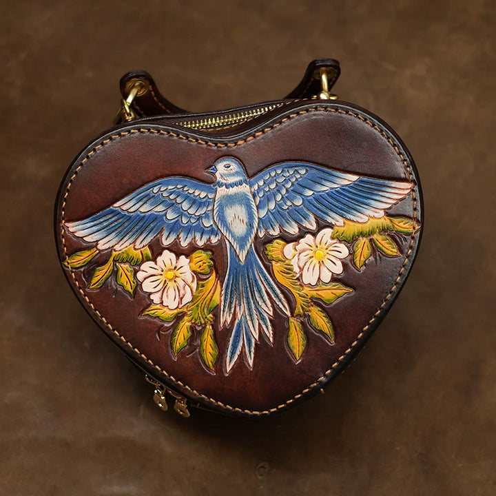 Heart Shaped Crossbody Bag Hand-Tooled Bluebird Floral Top-Handle Purse