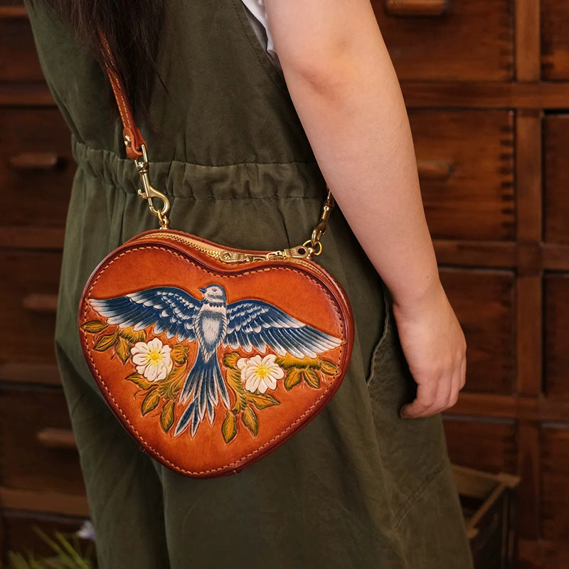 Heart Shaped Crossbody Bag Hand-Tooled Bluebird Floral Top-Handle Purse