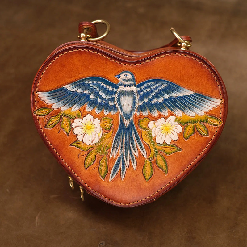 Heart Shaped Crossbody Bag Hand-Tooled Bluebird Floral Top-Handle Purse