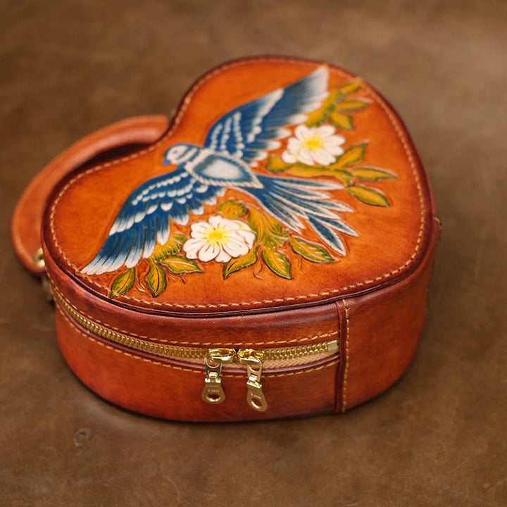 Heart Shaped Crossbody Bag Hand-Tooled Bluebird Floral Top-Handle Purse