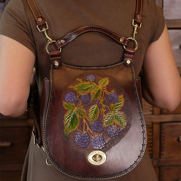 Hand-Tooled Leather Raspberry Botanical Convertible Backpack
