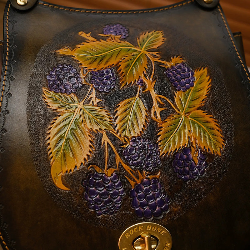 Hand-Tooled Leather Raspberry Botanical Convertible Backpack