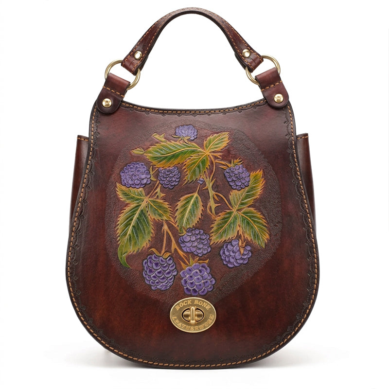 Hand-Tooled Leather Raspberry Botanical Convertible Backpack
