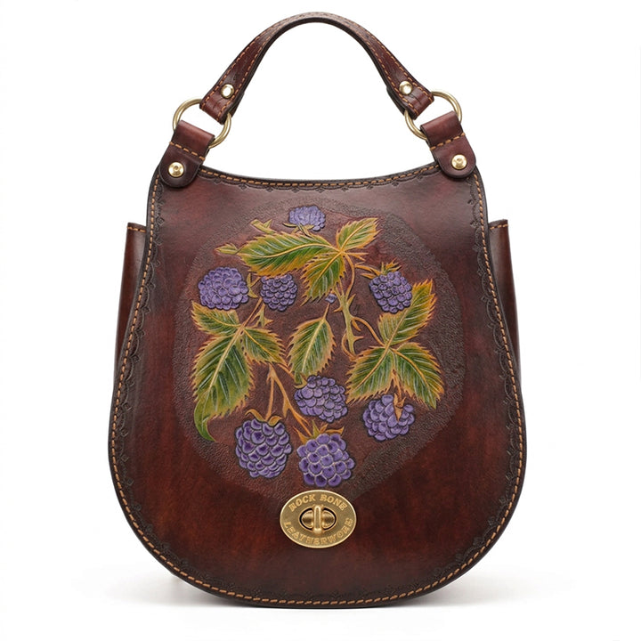 Hand-Tooled Leather Raspberry Botanical Convertible Backpack