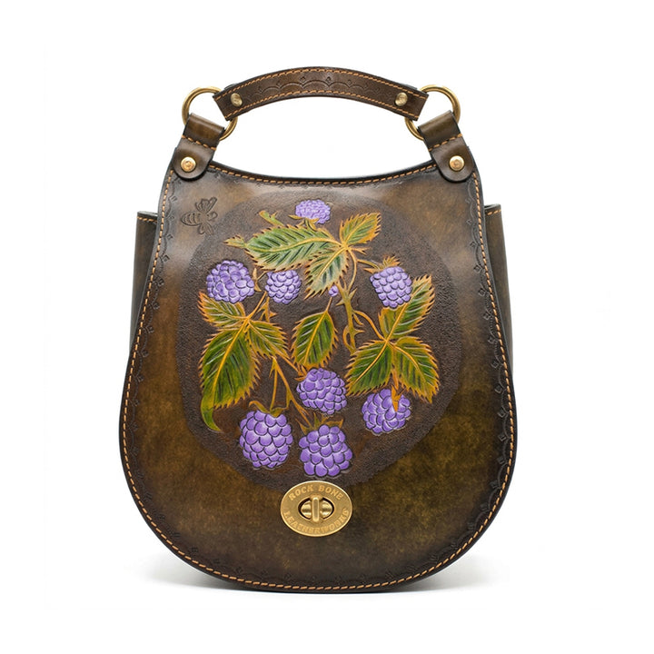 Hand-Tooled Leather Raspberry Botanical Convertible Backpack