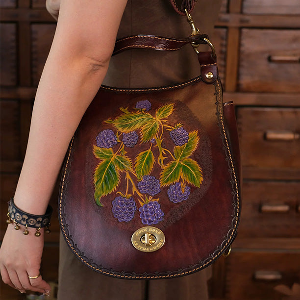 Hand-Tooled Leather Raspberry Botanical Convertible Backpack