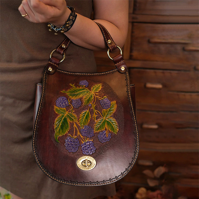 Hand-Tooled Leather Raspberry Botanical Convertible Backpack