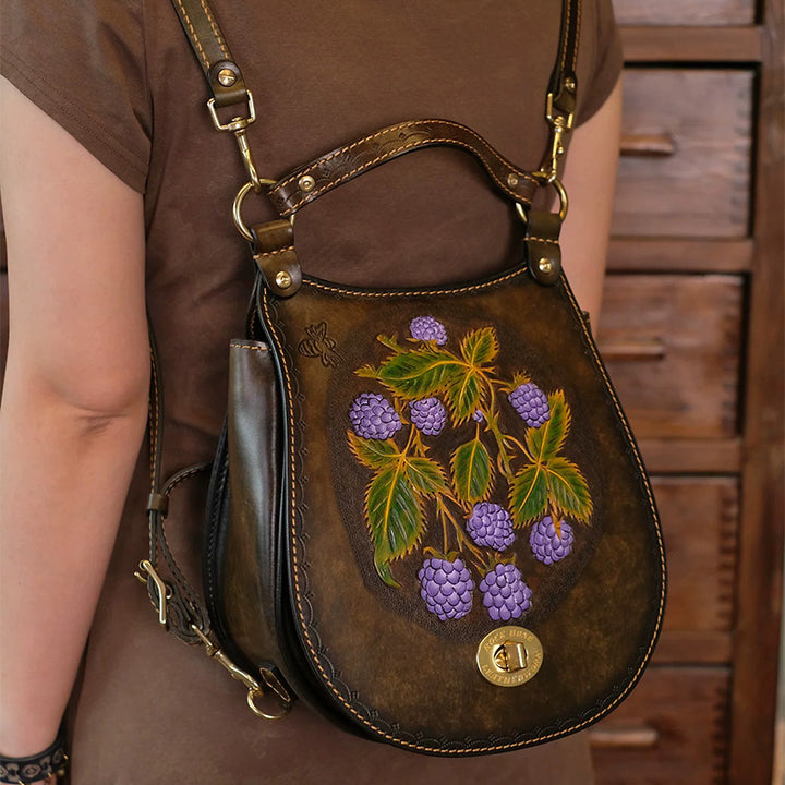 Hand-Tooled Leather Raspberry Botanical Convertible Backpack