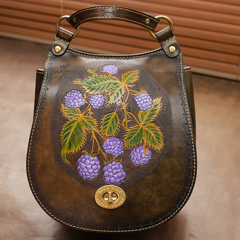 Hand-Tooled Leather Raspberry Botanical Convertible Backpack