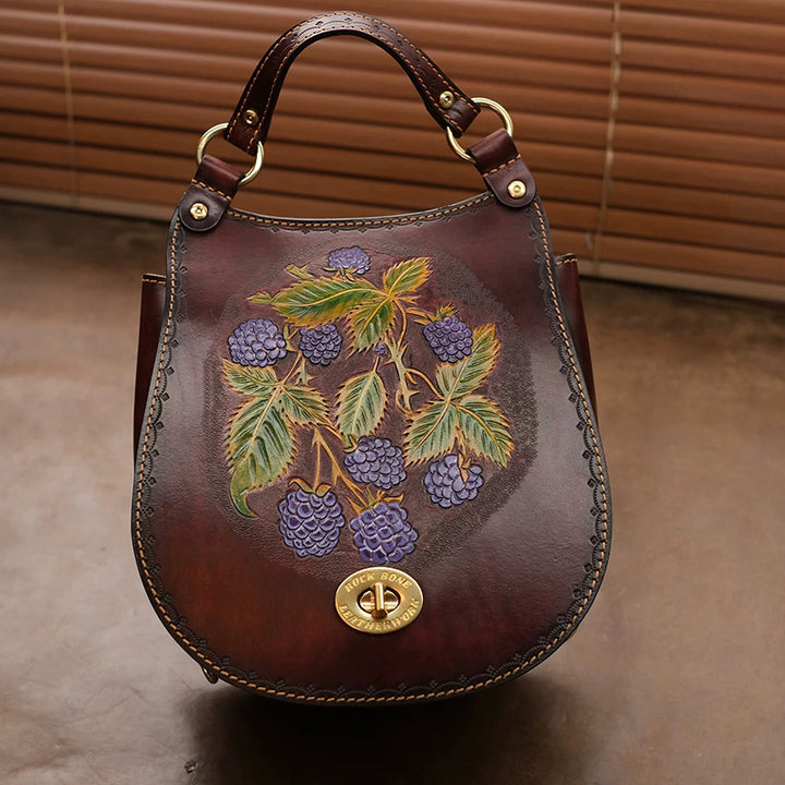 Hand-Tooled Leather Raspberry Botanical Convertible Backpack