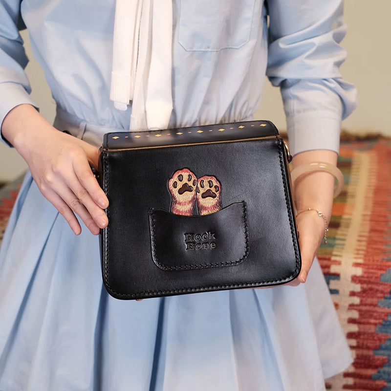Hand-Tooled Leather Red Panda Crossbody Box Bag with Paw Snap Closure