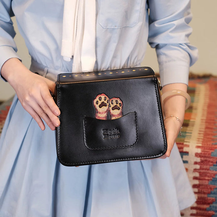 Hand-Tooled Leather Red Panda Crossbody Box Bag with Paw Snap Closure