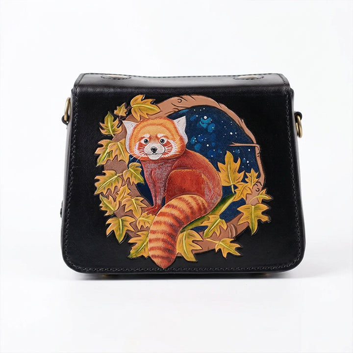 Hand-Tooled Leather Red Panda Crossbody Box Bag with Paw Snap Closure