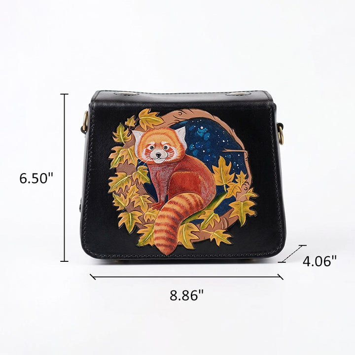 Hand-Tooled Leather Red Panda Crossbody Box Bag with Paw Snap Closure