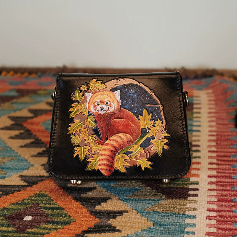 Hand-Tooled Leather Red Panda Crossbody Box Bag with Paw Snap Closure