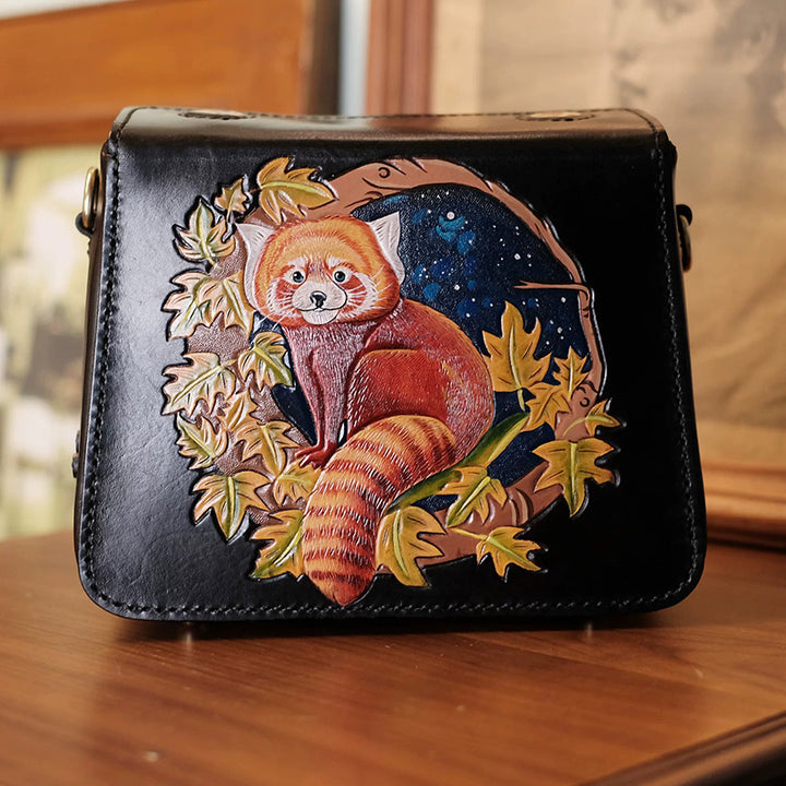 Hand-Tooled Leather Red Panda Crossbody Box Bag with Paw Snap Closure