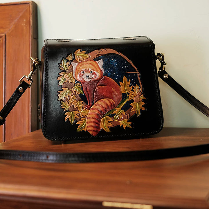 Hand-Tooled Leather Red Panda Crossbody Box Bag with Paw Snap Closure