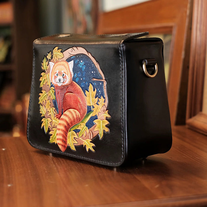 Hand-Tooled Leather Red Panda Crossbody Box Bag with Paw Snap Closure