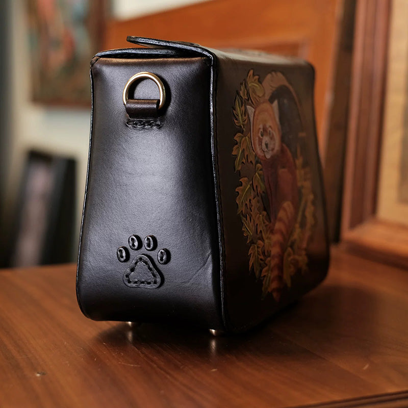 Hand-Tooled Leather Red Panda Crossbody Box Bag with Paw Snap Closure