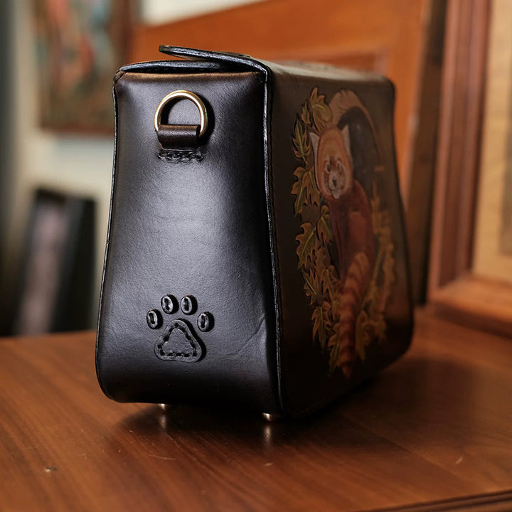 Hand-Tooled Leather Red Panda Crossbody Box Bag with Paw Snap Closure