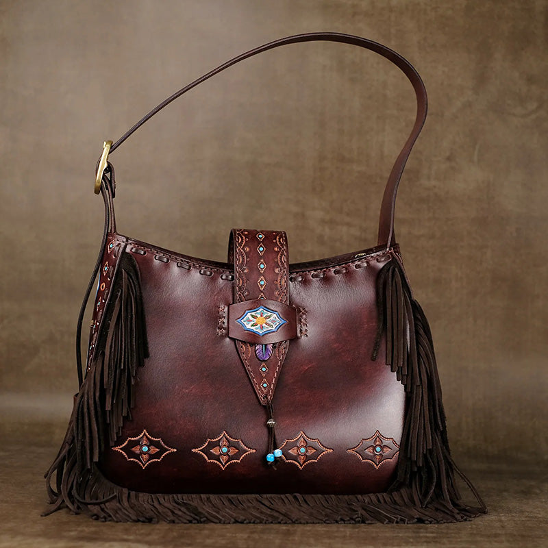 Shoulder Bag in Vegetable-Tanned Leather with Western Tooling &amp; Fringe