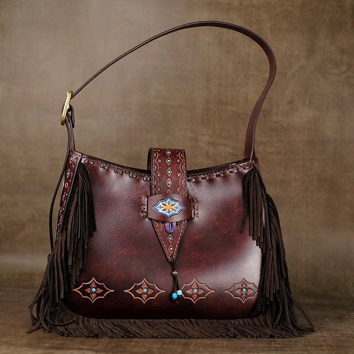 Shoulder Bag in Vegetable-Tanned Leather with Western Tooling &amp; Fringe