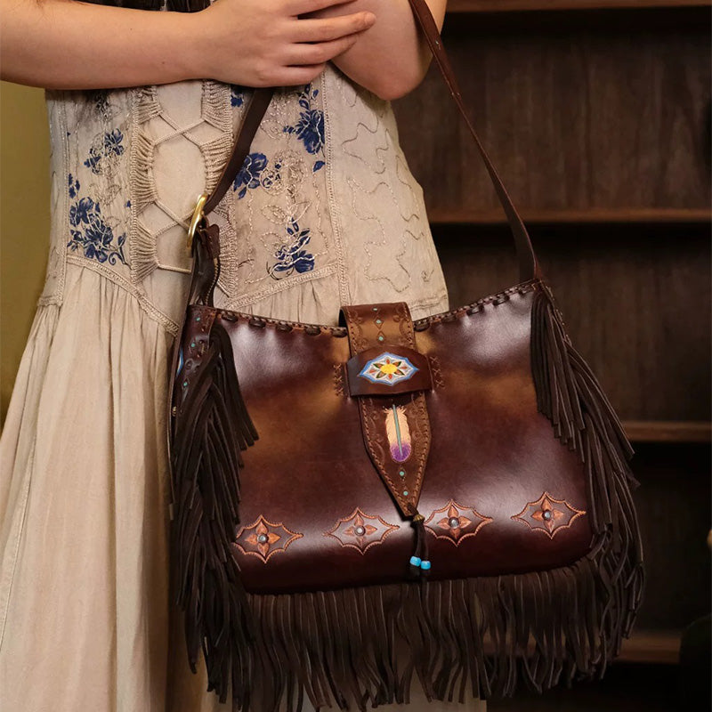 Shoulder Bag in Vegetable-Tanned Leather with Western Tooling &amp; Fringe