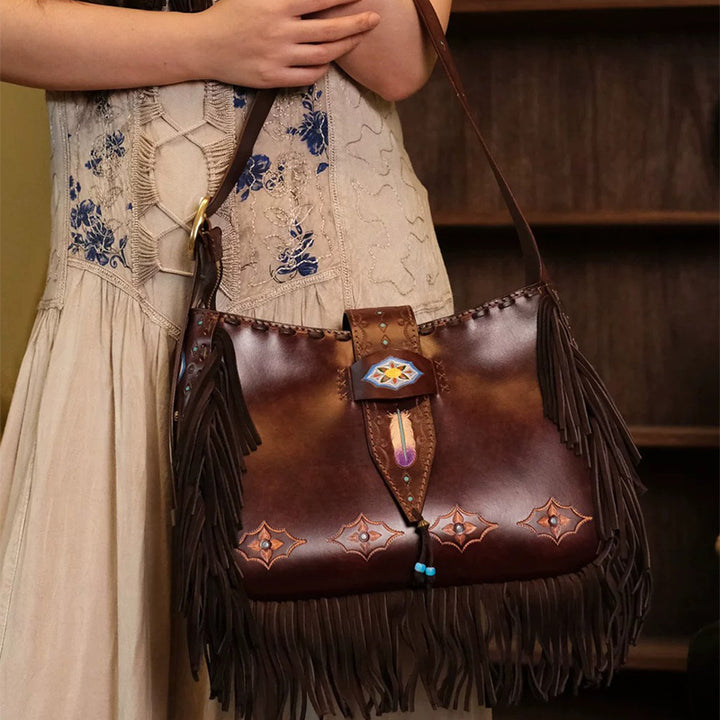 Shoulder Bag in Vegetable-Tanned Leather with Western Tooling &amp; Fringe