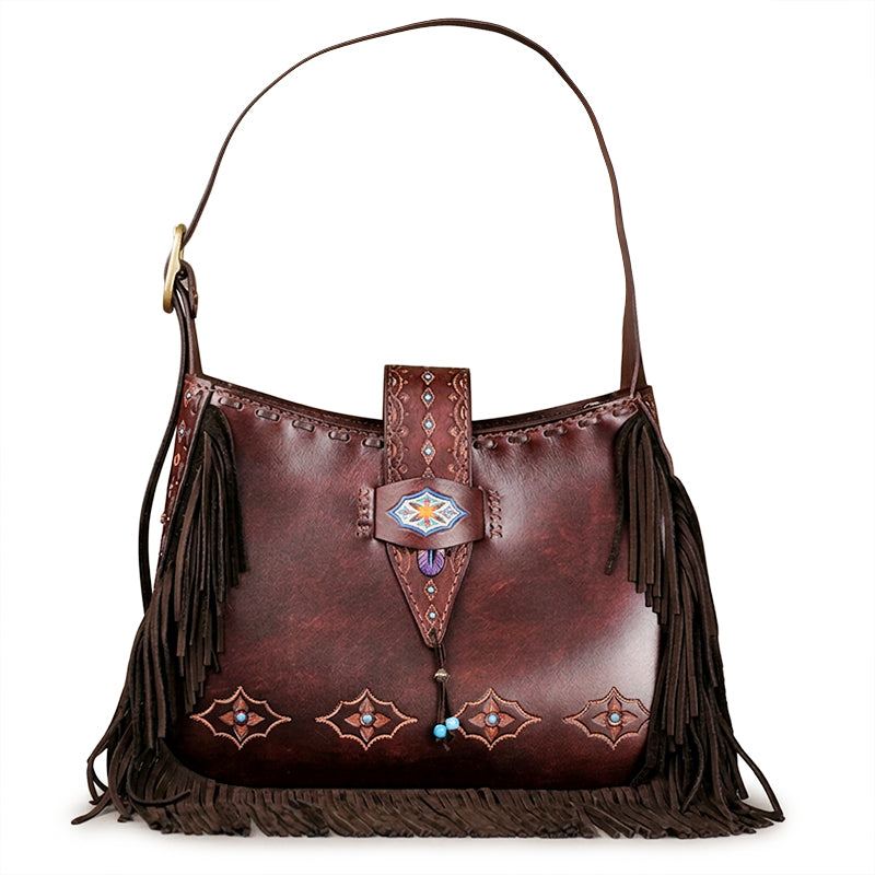 Shoulder Bag in Vegetable-Tanned Leather with Western Tooling &amp; Fringe