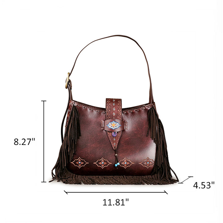 Shoulder Bag in Vegetable-Tanned Leather with Western Tooling &amp; Fringe