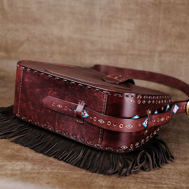 Shoulder Bag in Vegetable-Tanned Leather with Western Tooling &amp; Fringe