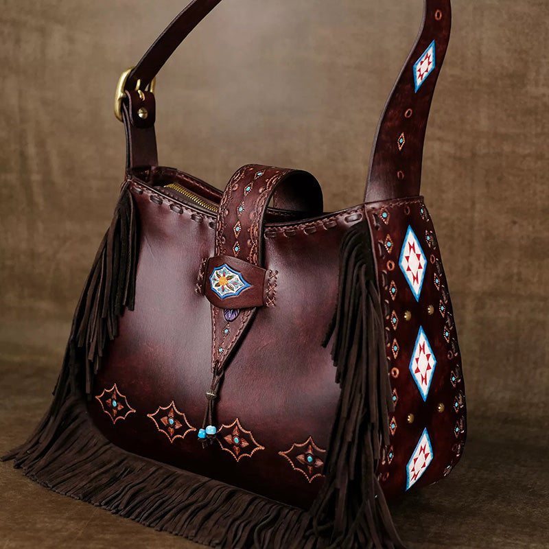 Shoulder Bag in Vegetable-Tanned Leather with Western Tooling &amp; Fringe