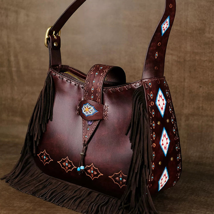Shoulder Bag in Vegetable-Tanned Leather with Western Tooling &amp; Fringe