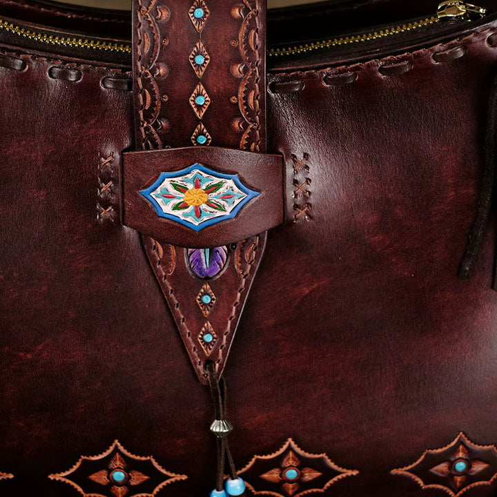 Shoulder Bag in Vegetable-Tanned Leather with Western Tooling &amp; Fringe