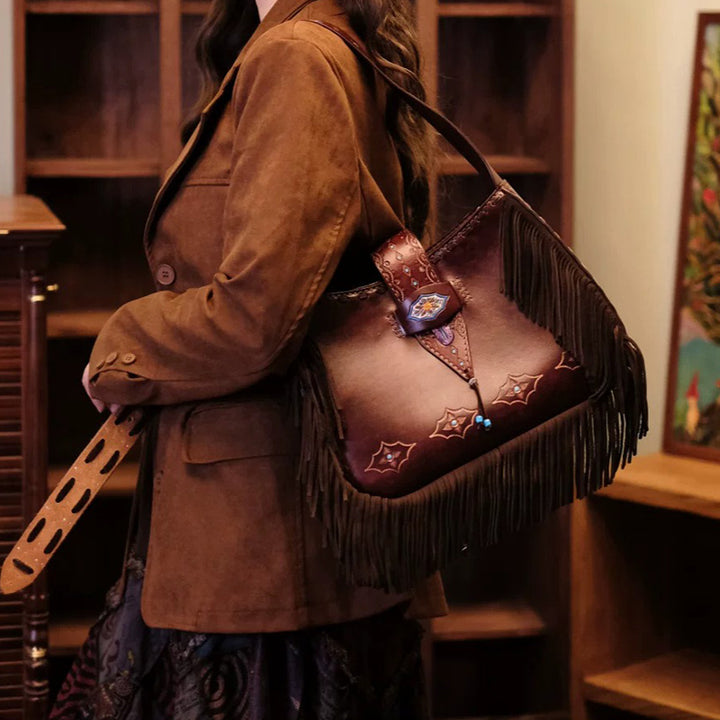 Shoulder Bag in Vegetable-Tanned Leather with Western Tooling &amp; Fringe