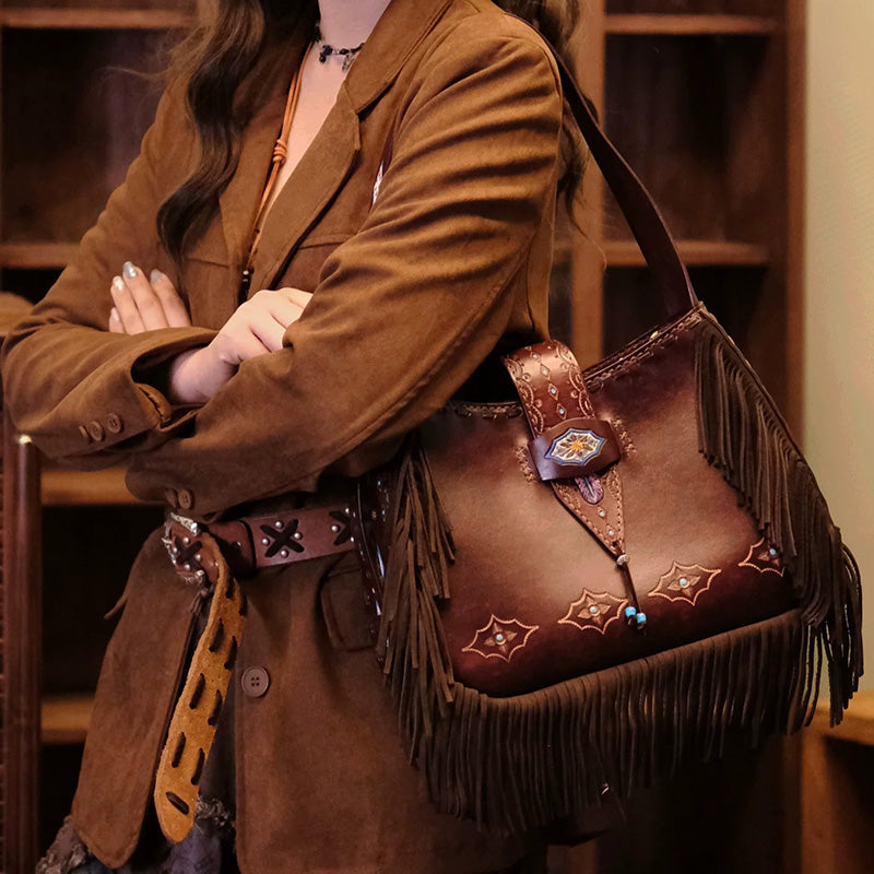 Shoulder Bag in Vegetable-Tanned Leather with Western Tooling &amp; Fringe