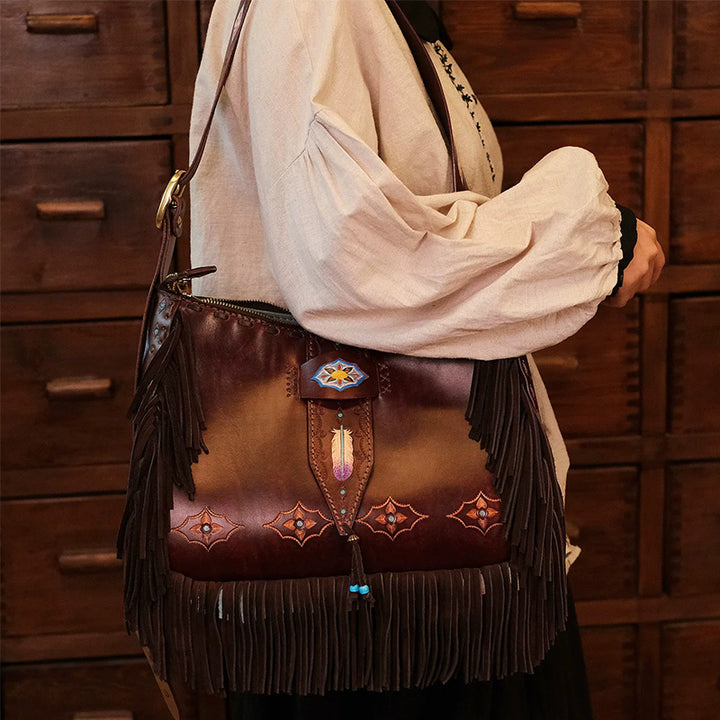 Shoulder Bag in Vegetable-Tanned Leather with Western Tooling &amp; Fringe