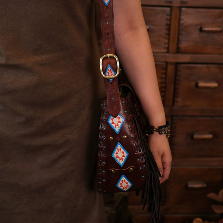 Shoulder Bag in Vegetable-Tanned Leather with Western Tooling &amp; Fringe