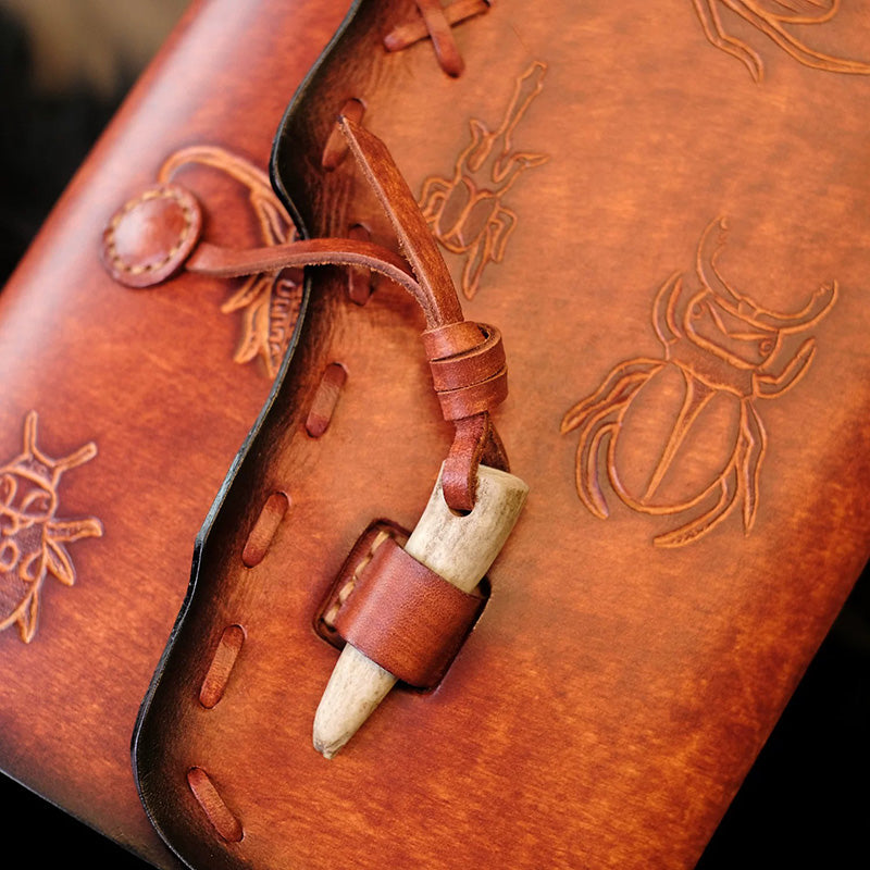 Refillable Journal in Vegetable-Tanned Leather with Beetle Motifs and A5 Ring Binder