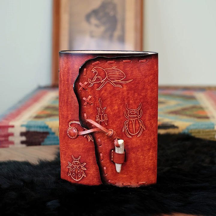 Refillable Journal in Vegetable-Tanned Leather with Beetle Motifs and A5 Ring Binder