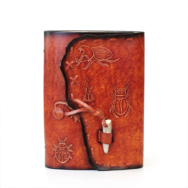 Refillable Journal in Vegetable-Tanned Leather with Beetle Motifs and A5 Ring Binder