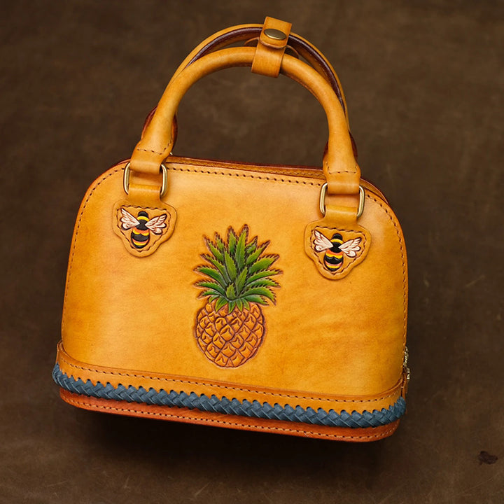 Dome Bag in Vegetable-Tanned Leather with Pineapple &amp; Bee Motifs and Braided Strap