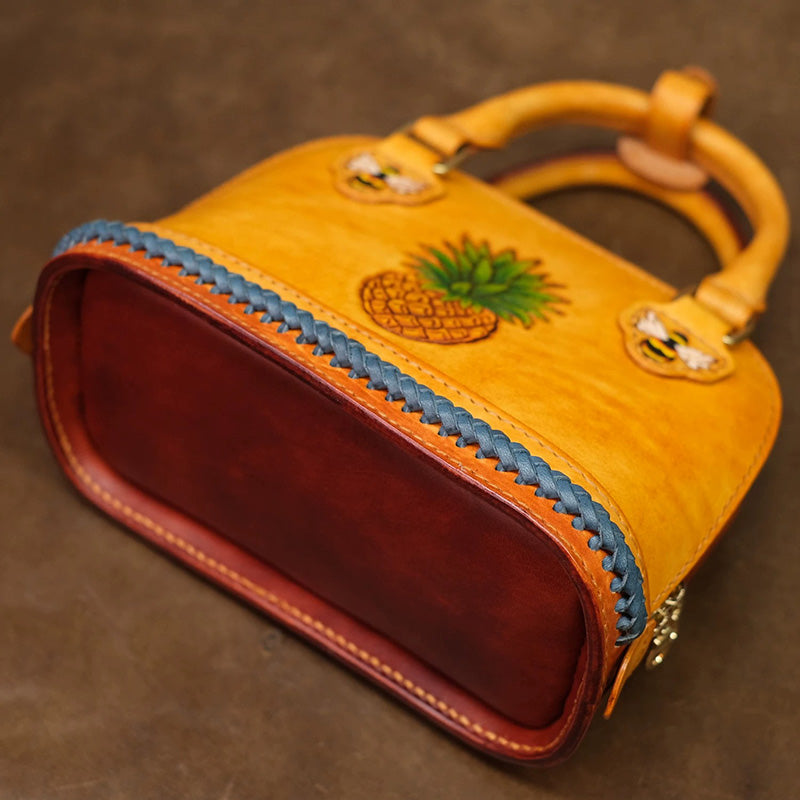Dome Bag in Vegetable-Tanned Leather with Pineapple &amp; Bee Motifs and Braided Strap