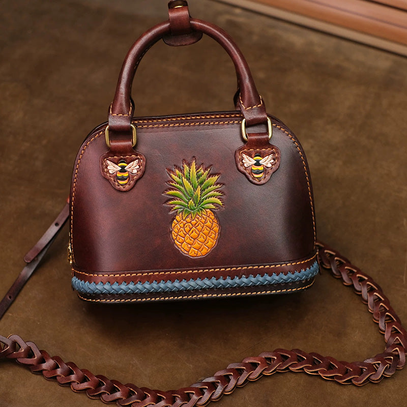 Dome Bag in Vegetable-Tanned Leather with Pineapple &amp; Bee Motifs and Braided Strap