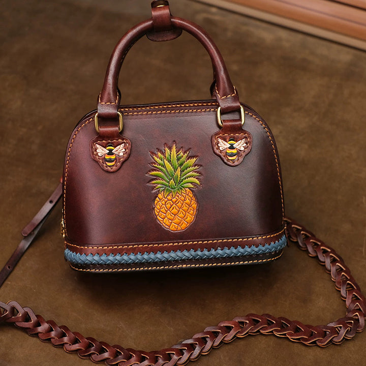 Dome Bag in Vegetable-Tanned Leather with Pineapple &amp; Bee Motifs and Braided Strap