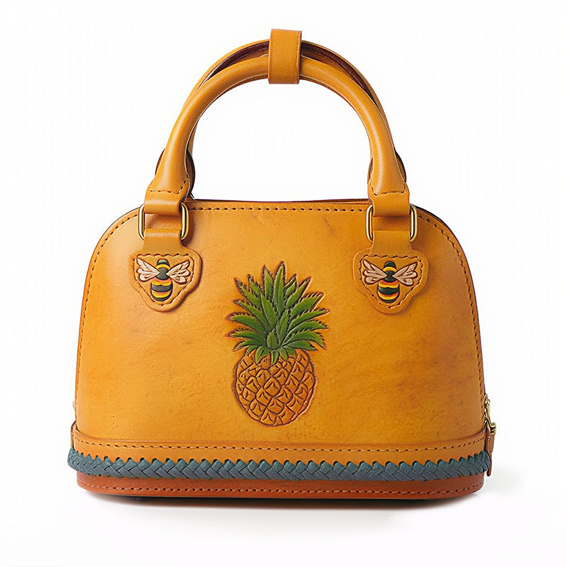 Dome Bag in Vegetable-Tanned Leather with Pineapple &amp; Bee Motifs and Braided Strap