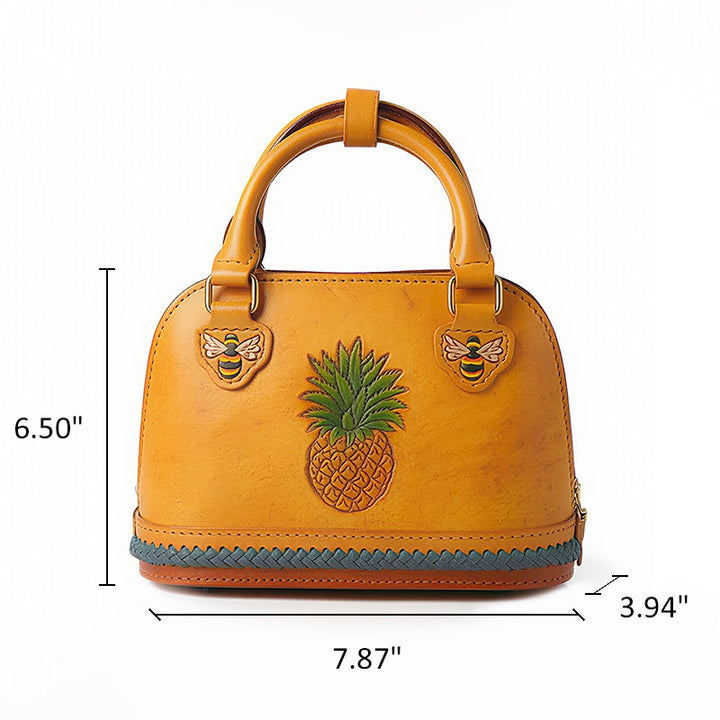 Dome Bag in Vegetable-Tanned Leather with Pineapple &amp; Bee Motifs and Braided Strap