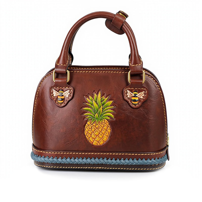 Dome Bag in Vegetable-Tanned Leather with Pineapple &amp; Bee Motifs and Braided Strap